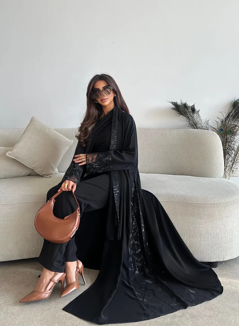 Lusin Abaya Black Abaya with Sequin-Embroidered Tulle Sleeves and Sides