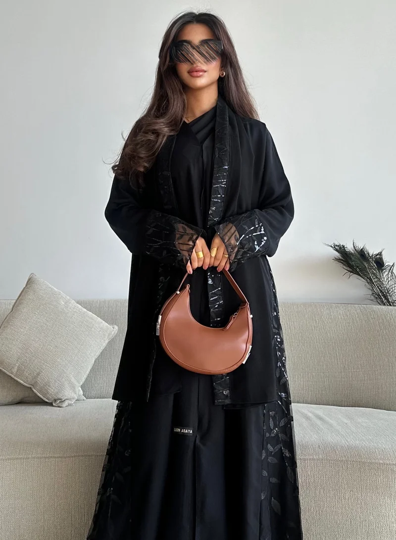 Lusin Abaya Black Abaya with Sequin-Embroidered Tulle Sleeves and Sides