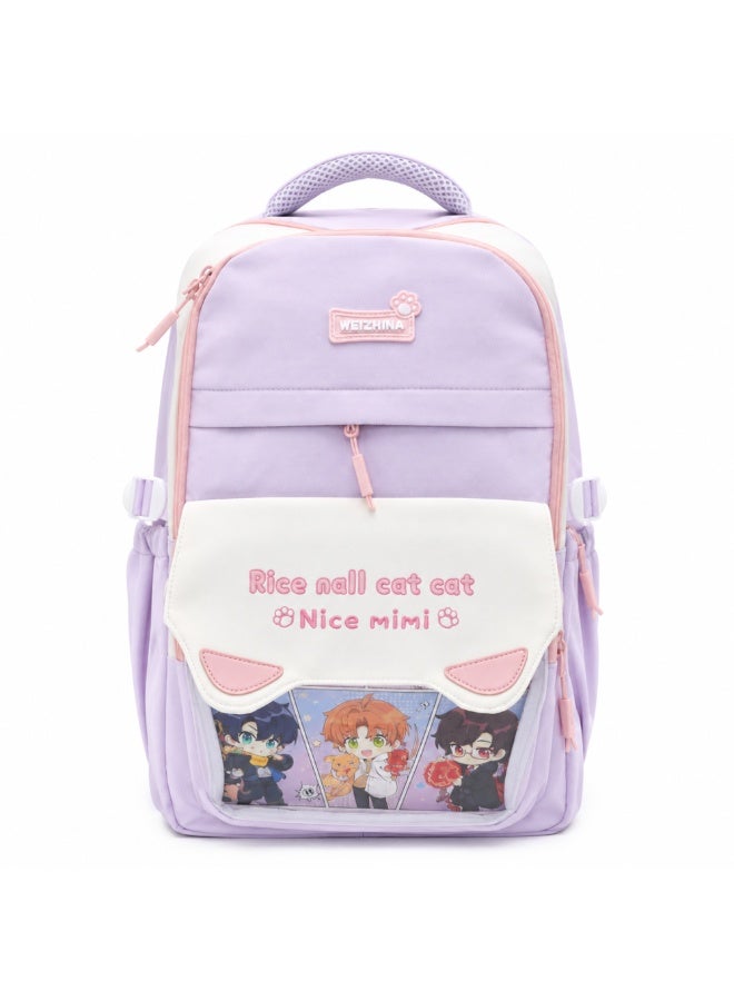 Mimi Meow Lavender School Backpack, Cute Cat Water-Resistant Student Backpack with Front Pocket, Lightweight Large Capacity School Bag with Side Bottle Pockets for School & Travel