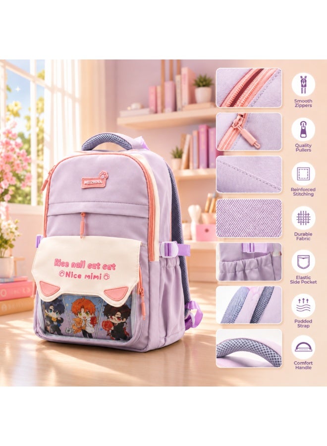 حقيبة مدرسية Mimi Meow باللون البنفسجي الفاتح، حقيبة ظهر طلابية لطيفة بتصميم قطة، مقاومة للماء، مزودة بجيب أمامي، خفيفة الوزن وذات سعة كبيرة، مع جيوب جانبية لحمل زجاجات المياه، مثالية للمدرسة والسفر - Image 3