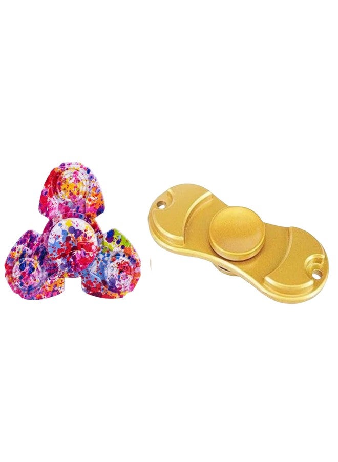 Premsons® Hand Spinner Desk Toy - High Speed Smooth Finger Spin Sensory Fidget Stress Relief Game Play for Kids & Adults - Birthday Party Gift - Combo - Rainbow Splash Triangular Head + Gold Dual - Image 1