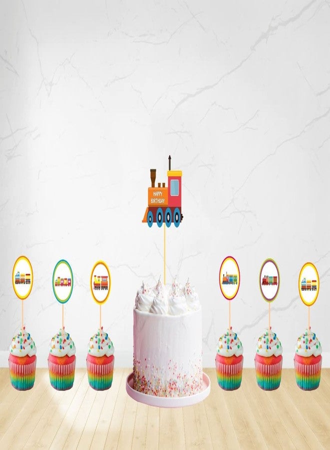 Untumble Train Theme Birthday Decoration Cake & Cup Cake Toppers Kit | Train Theme Decoration Items with Unique Cup Cake Toppers | Perfect Train Theme Birthday Party Decorations | Pack of 25 - Image 1
