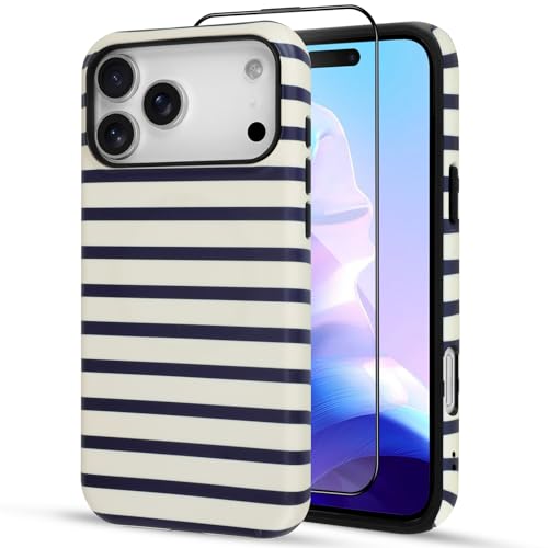 SOKAD Magnetic Horizontal Stripes Phone Case for iPhone 17 Pro Max, Cute Navy Blue Striped Line Pattern Compatible with Magsafe Matte Protective Case Cover with Screen Protector for Girls Women - Image 2