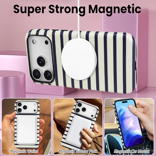 SOKAD Magnetic Horizontal Stripes Phone Case for iPhone 17 Pro Max, Cute Navy Blue Striped Line Pattern Compatible with Magsafe Matte Protective Case Cover with Screen Protector for Girls Women - Image 4