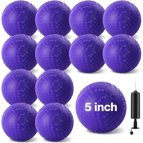 HSLCGF 12 Pcs Dodgeballs 5 Inch Playground Ball Kickball Purple Inflatable Rubber Handball Dodge Ball with 1 Hand Pump for Outdoors Ball Games Gym Camps Picnic (Needle is at The Top of The Pump) - Image 1