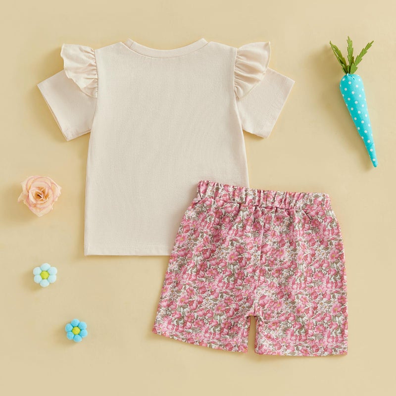 BemeyourBBs Toddler Girl Easter Outfit Baby Girl Bunny Short Sleeve T Shirt Floral Shorts Set Cute Spring Clothes (Flower Bunny Pink, 3-4T) - Image 3