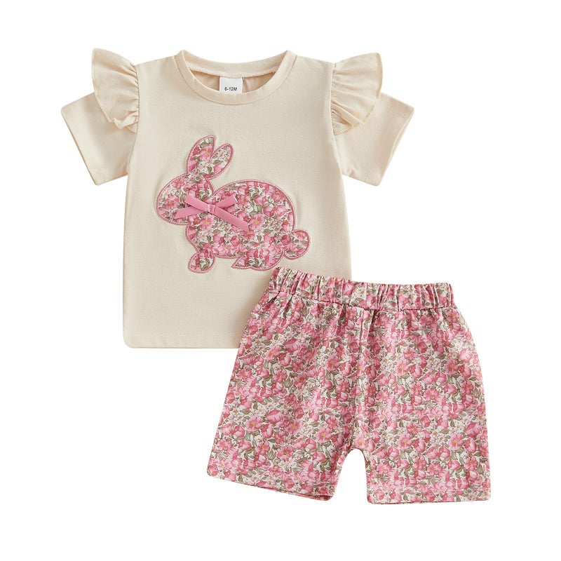 BemeyourBBs Toddler Girl Easter Outfit Baby Girl Bunny Short Sleeve T Shirt Floral Shorts Set Cute Spring Clothes (Flower Bunny Pink, 3-4T) - Image 1