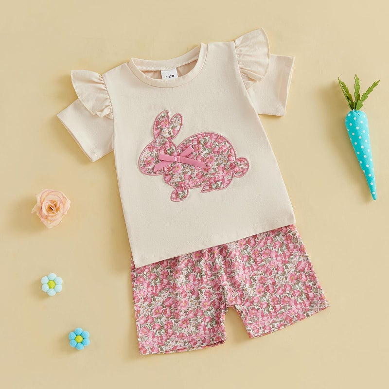 BemeyourBBs Toddler Girl Easter Outfit Baby Girl Bunny Short Sleeve T Shirt Floral Shorts Set Cute Spring Clothes (Flower Bunny Pink, 3-4T) - Image 2