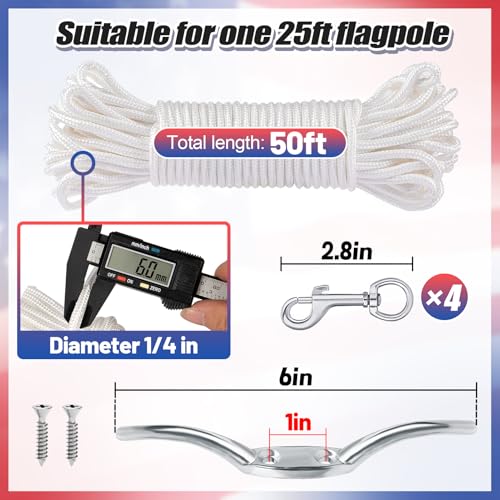 PAMASE Flag Rope and Clips Kit - 50ft Flag Pole Rope Halyard with Cleat Hook & 4 Pcs Swivel Snap Clips for Flagpoles Up to 25ft, Outdoor Porch Flagpoles Repair Replacement Parts Accessories - Image 3