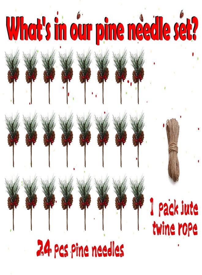 Geefuun 24Pieces Christmas Artificial Pine Needle/Pick Decorations 1 Pack Jute Twine Rope - Xmas Party Gift Wrapping Decor Wreaths Arrangement Tree Ornaments Wedding Supplies - Image 5