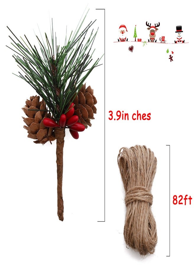 Geefuun 24Pieces Christmas Artificial Pine Needle/Pick Decorations 1 Pack Jute Twine Rope - Xmas Party Gift Wrapping Decor Wreaths Arrangement Tree Ornaments Wedding Supplies - Image 3