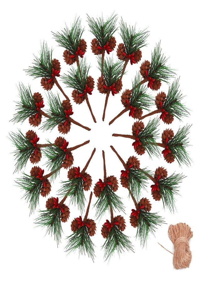Geefuun 24Pieces Christmas Artificial Pine Needle/Pick Decorations 1 Pack Jute Twine Rope - Xmas Party Gift Wrapping Decor Wreaths Arrangement Tree Ornaments Wedding Supplies - Image 1