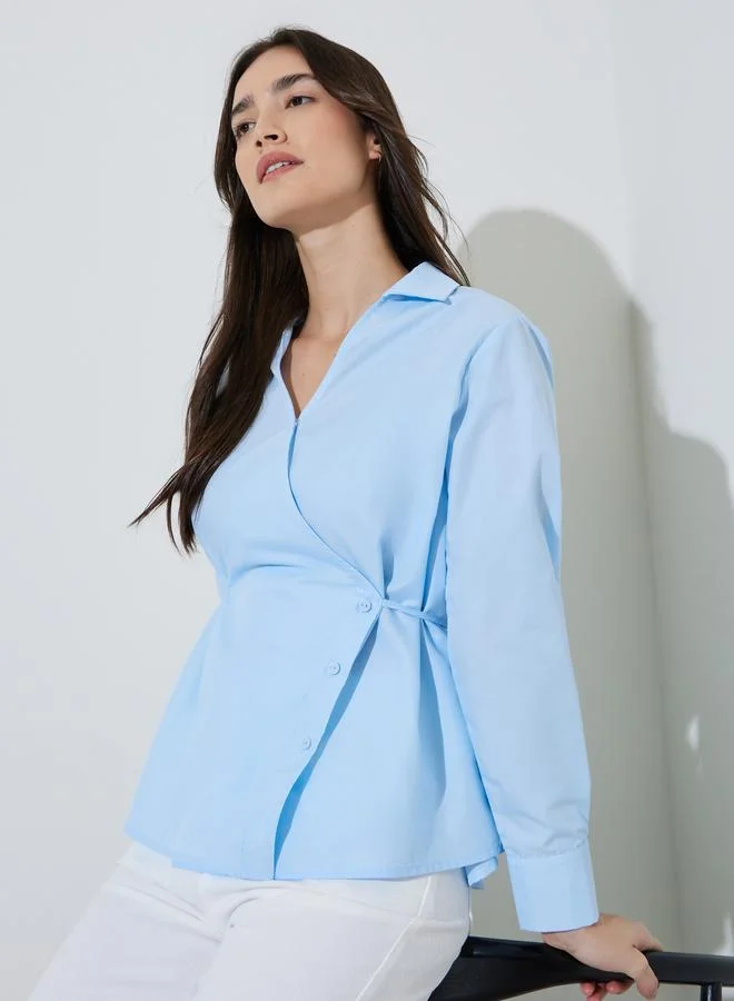 ستايلي Light Blue Solid Tie-Up Waist Collared Peplum Blouse