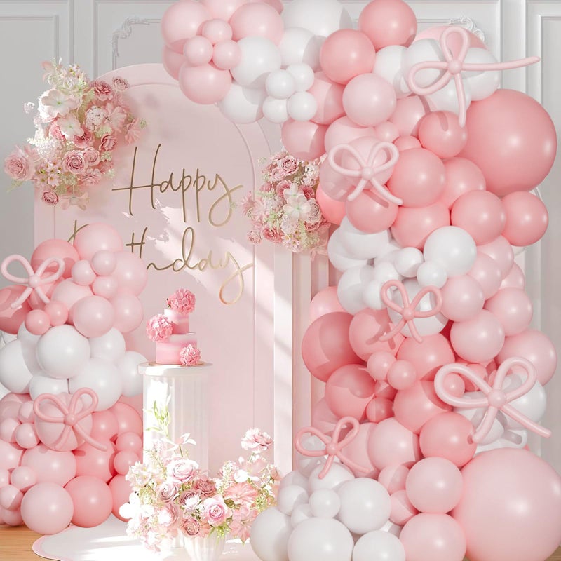FengRise Pink Bow Balloon Arch Kit,130 PCS Coquette Birthday Decorations, Pastel Pink and White Garland Include Light blush Coquette Bow Balloon for Wedding Bridal Baby Shower Girls' Birthday Decoration - Image 5