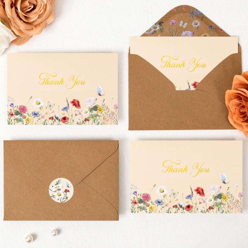 Crisky Vintage Floral Thank You Cards with Envelopes & Stickers 50 Pack Wildflower Thank You Cards Bulk for Birthday, Baby Shower,Bridal Shower, Wedding, Graduation, Business - Image 3