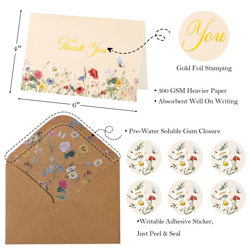 Crisky Vintage Floral Thank You Cards with Envelopes & Stickers 50 Pack Wildflower Thank You Cards Bulk for Birthday, Baby Shower,Bridal Shower, Wedding, Graduation, Business - Image 2