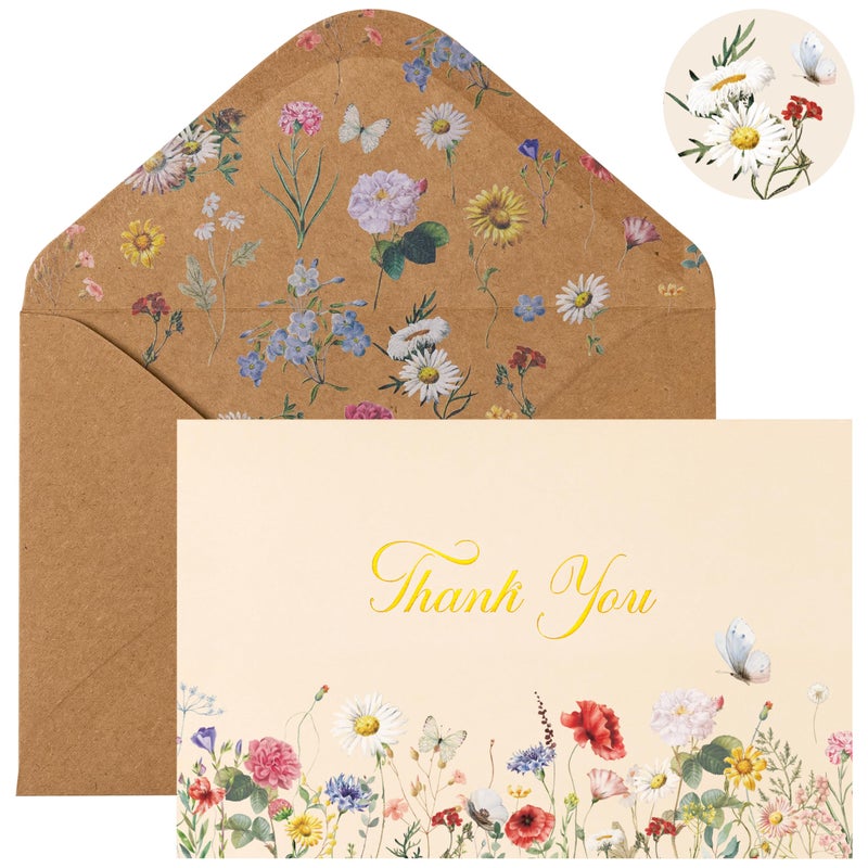 Crisky Vintage Floral Thank You Cards with Envelopes & Stickers 50 Pack Wildflower Thank You Cards Bulk for Birthday, Baby Shower,Bridal Shower, Wedding, Graduation, Business - Image 1