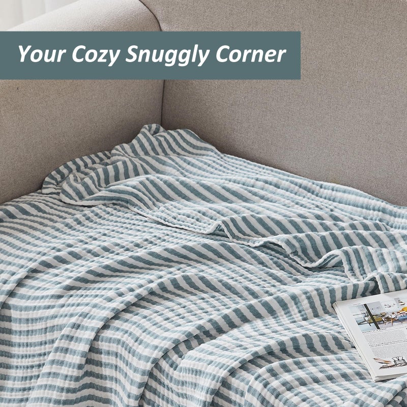EMME Cotton Muslin Large Throw Blanket Couch Breathable Gauze Soft Lightweight Bed Blankets Adults (Striped Teal, 50"x70") - Image 4