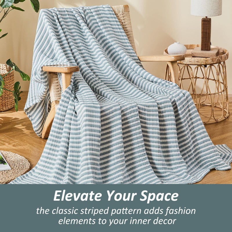 EMME Cotton Muslin Large Throw Blanket Couch Breathable Gauze Soft Lightweight Bed Blankets Adults (Striped Teal, 50"x70") - Image 3