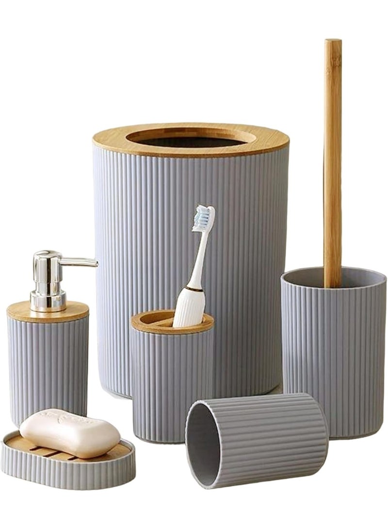 Bathroom Accessories Set, 6 Pieces, Toilet Brush, Soap Dispenser, Toothbrush Holder, Cup, Soap Dish, Trash Can (Gray R) UAE - Image 1