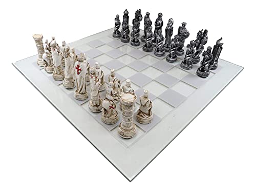Ebros Gift Hand Painted Medieval Crusader Knights of The Cross Christian VS Muslim Saladin Ottoman Empire Resin Chess Pieces with 15 by 15 Checkered Frosted and Transparent Glass Board Set - Image 1