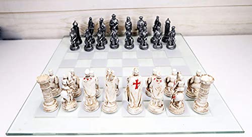 Ebros Gift Hand Painted Medieval Crusader Knights of The Cross Christian VS Muslim Saladin Ottoman Empire Resin Chess Pieces with 15 by 15 Checkered Frosted and Transparent Glass Board Set - Image 5