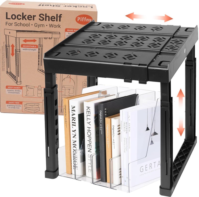 Piffny Locker Organizer Shelfï¼Œ Adjustable Width and Height, Stackable, Ideal Locker Shelf for School, Office, Gym Lockers, or Even Kitchen Cabinets & Under Sink Organization (Black 1 Pack) - Image 1