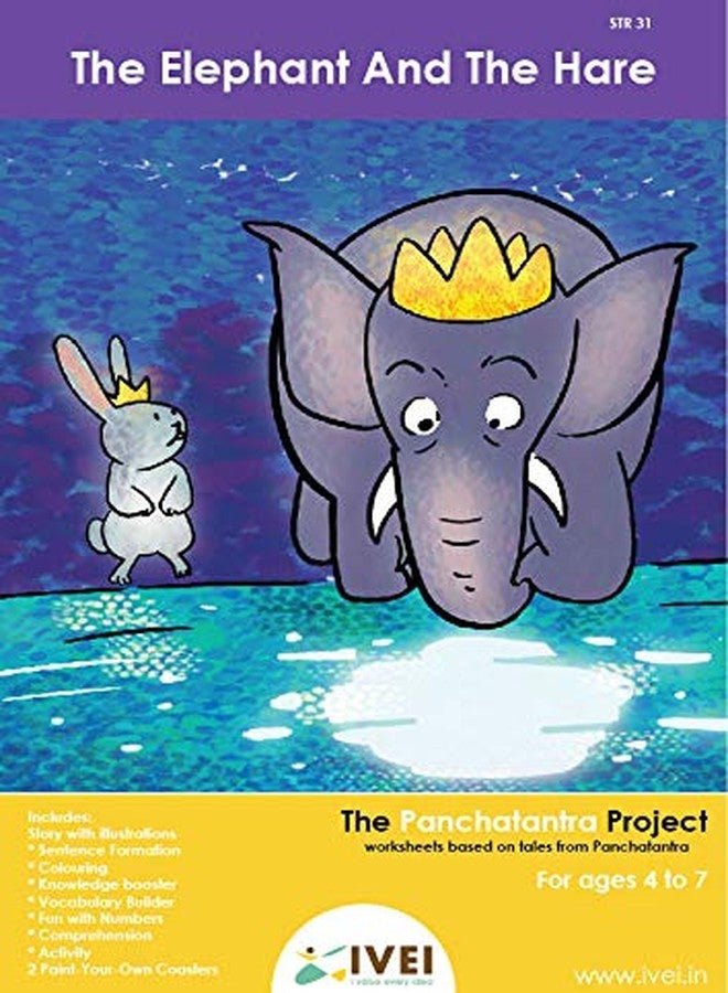IVEI Panchatantra Story Kids Learning Book - Workbook and 2 DIY Coasters - Colouring Activity Worksheets - Creative Fun Activity and Education for Kids - The Elephant and The Hare (Age 4 to 7 Years) - Image 1