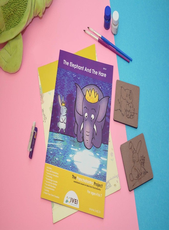 IVEI Panchatantra Story Kids Learning Book - Workbook and 2 DIY Coasters - Colouring Activity Worksheets - Creative Fun Activity and Education for Kids - The Elephant and The Hare (Age 4 to 7 Years) - Image 2