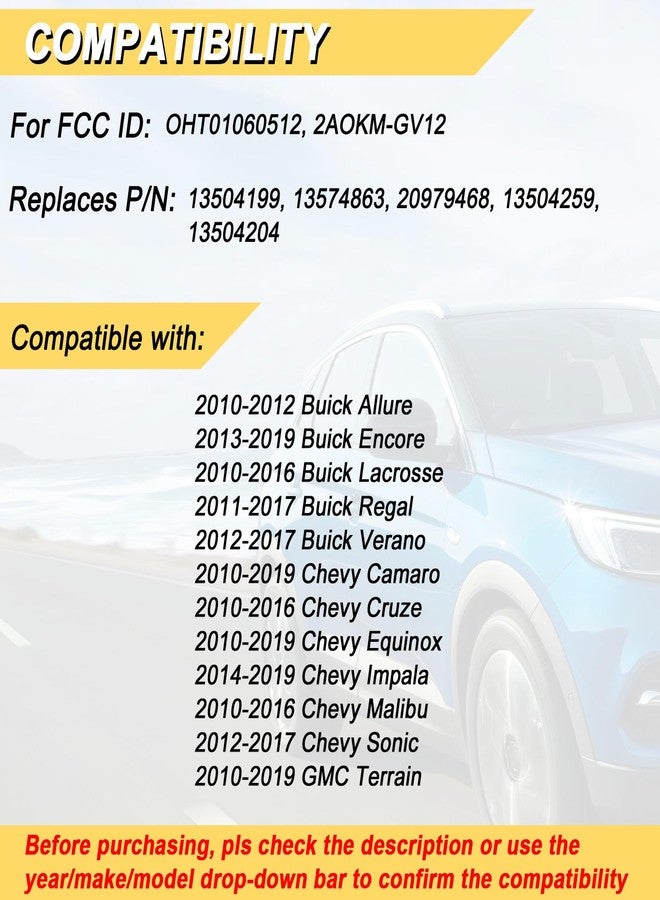 Vurkcy Key Fob Replacement for 2013-2019 Buick Encore/ 10-12 Allure/ 10-16 Lacrosse/ 11-17 Regal/ 12-17 Verano/ 10-19 Chevy Equinox Camaro/ 10-16 Cruze Malibu/ 14-19 Impala/ 12-17 Sonic car Keyless - Image 2