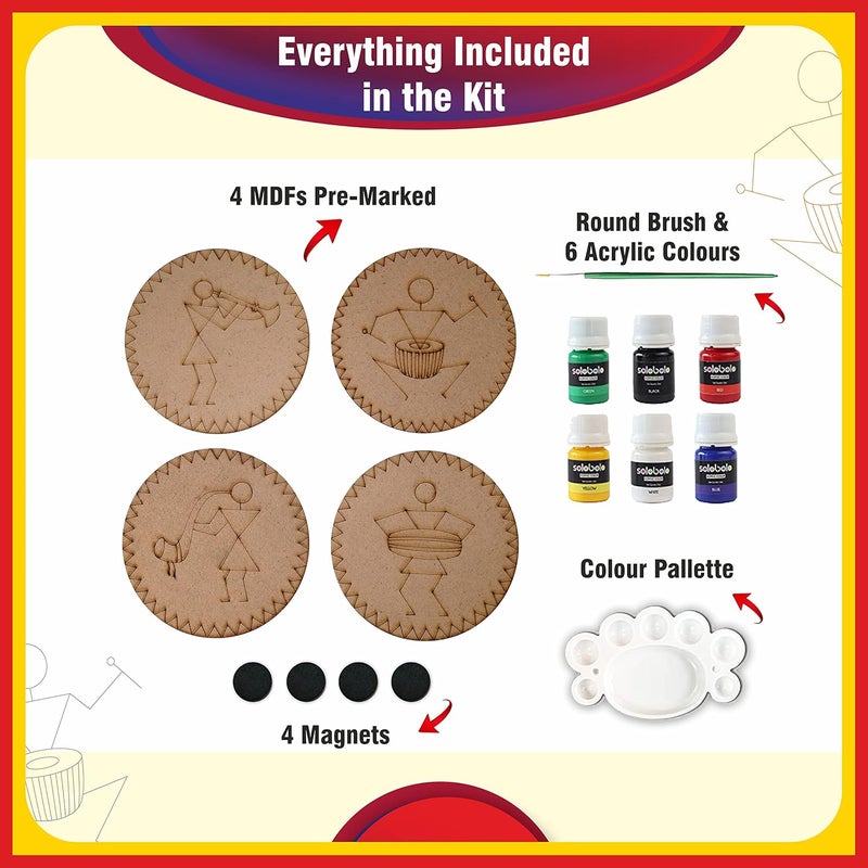 SOLOBOLO Warli Art Painting Kit|Decorative Fridge Magnets for Kitchen|Warli Art and Craft Kit| Gifts for Girls Age 10-12 | 4 Pre Marked DIY Painting|Big Size Fridge Magnet- 4 in Dia | Pack of 2 Sets - Image 2
