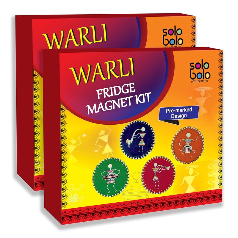 SOLOBOLO Warli Art Painting Kit|Decorative Fridge Magnets for Kitchen|Warli Art and Craft Kit| Gifts for Girls Age 10-12 | 4 Pre Marked DIY Painting|Big Size Fridge Magnet- 4 in Dia | Pack of 2 Sets - Image 1