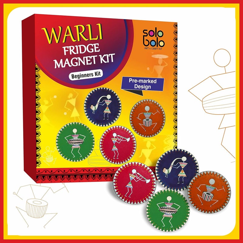 SOLOBOLO Warli Art Painting Kit|Decorative Fridge Magnets for Kitchen|Warli Art and Craft Kit| Gifts for Girls Age 10-12 | 4 Pre Marked DIY Painting|Big Size Fridge Magnet- 4 in Dia | Pack of 2 Sets - Image 3
