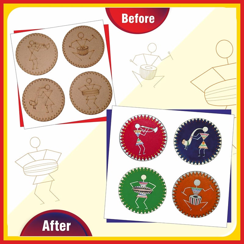 SOLOBOLO Warli Art Painting Kit|Decorative Fridge Magnets for Kitchen|Warli Art and Craft Kit| Gifts for Girls Age 10-12 | 4 Pre Marked DIY Painting|Big Size Fridge Magnet- 4 in Dia | Pack of 2 Sets - Image 5