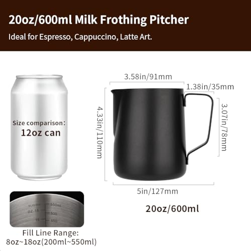 watchget Stainless Steel Milk Frothing Pitcher 20oz/600ml - Espresso Steaming Pitcher for Cappuccino, Latte Art, Coffee Machine Accessories Milk Jug Coffee Frother Cup, Black - Image 2