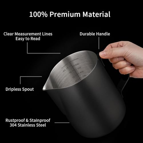 watchget Stainless Steel Milk Frothing Pitcher 20oz/600ml - Espresso Steaming Pitcher for Cappuccino, Latte Art, Coffee Machine Accessories Milk Jug Coffee Frother Cup, Black - Image 3