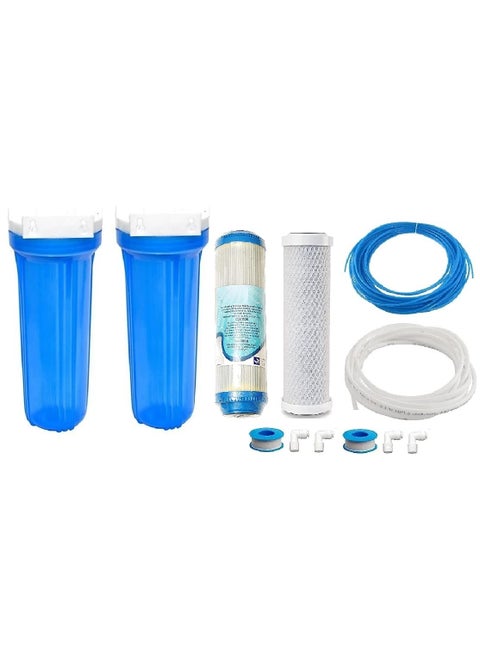 KRPLUS 2 Stage Pre Filter Housing Set Food Grade Material PP Housing 1 Activated Carbon Block Filter 1 Granular Carbon Filter Wrench 3 Meter RO Pipe Each 14 6 mm SemiBlue 10 Inch