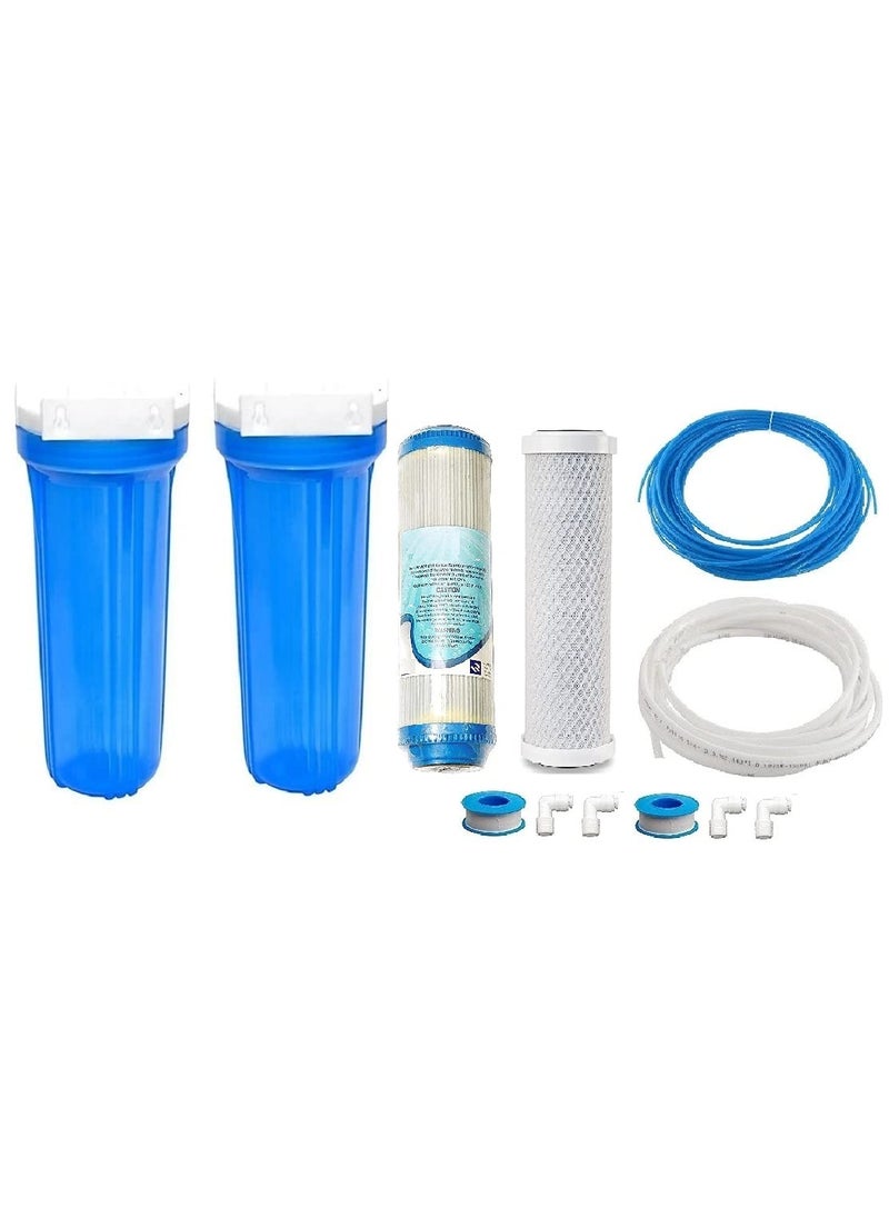 KRPLUS 2 Stage Pre Filter Housing Set Food Grade Material PP Housing 1 Activated Carbon Block Filter 1 Granular Carbon Filter Wrench 3 Meter RO Pipe Each 14 6 mm SemiBlue 10 Inch