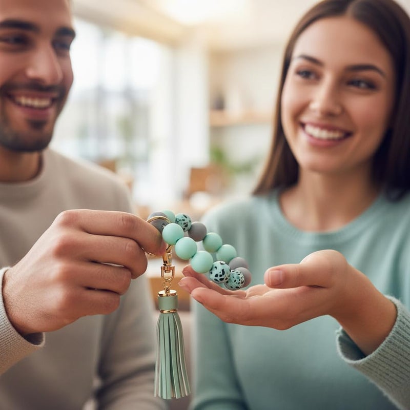 BIHRTC Keychain Bracelet Wrist Silicon Wristlet Key Ring Cars Beaded Bangle with Leather Tassel for Women Girls - Image 5