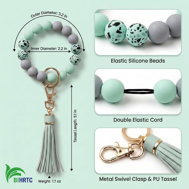 BIHRTC Keychain Bracelet Wrist Silicon Wristlet Key Ring Cars Beaded Bangle with Leather Tassel for Women Girls - Image 2