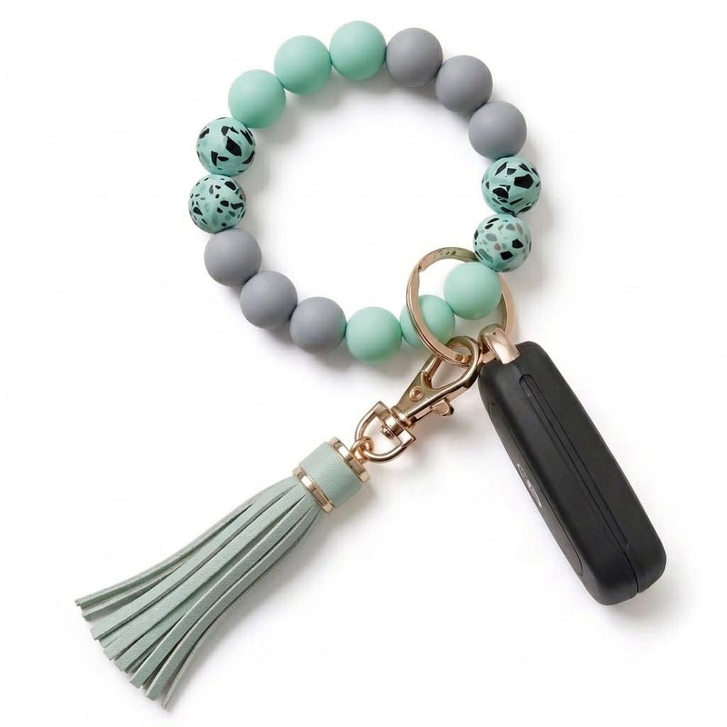 BIHRTC Keychain Bracelet Wrist Silicon Wristlet Key Ring Cars Beaded Bangle with Leather Tassel for Women Girls - Image 1