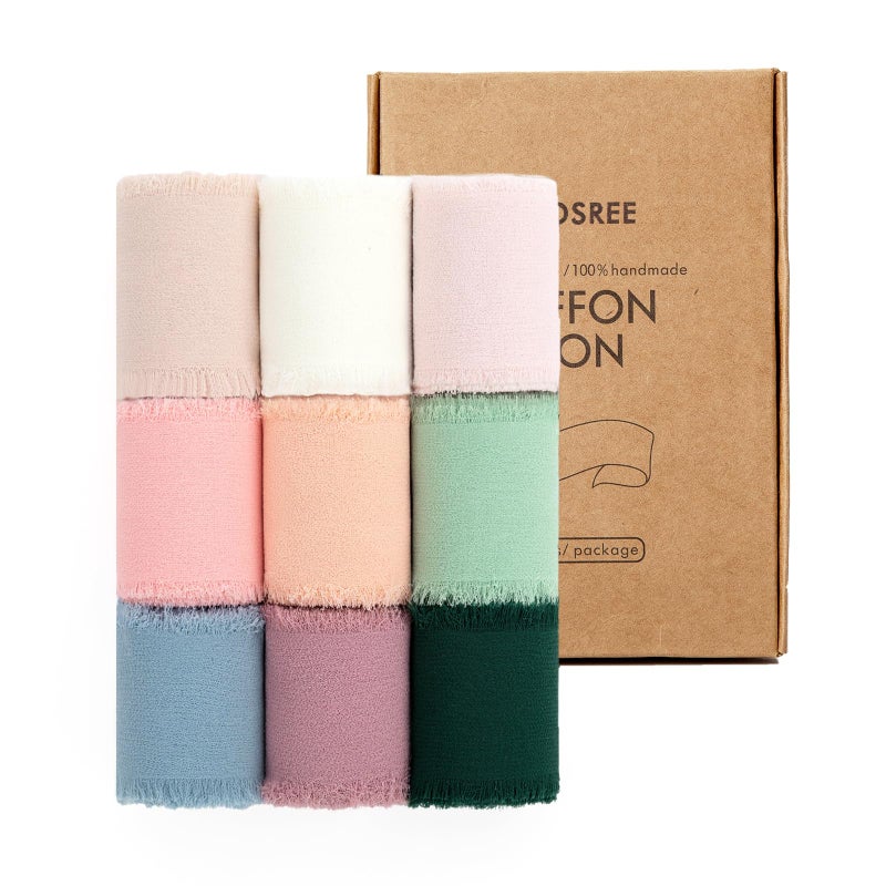 KEOSREE 9 Rolls Multicolour Handmade Chiffon Ribbon15 x 21Yd Frayed Fringe Silk Ribbons 9 Rolls 23Yd for Gifts Wrapping Wedding Invitations Bridal Bouquets Decorations