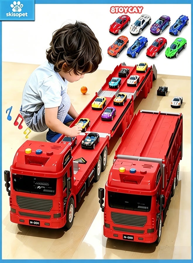 شيزوبيت العاب سيارات شاحنة اطفال كبيره مجموعة سيارات لعبة شاحنة سباق للأطفال الصغار، لعبة شاحنة سباق مع سكة ​​انزلاقية ومنجنيق وموقف سيارات وفتحة ومسار قابل للطي، تتضمن 8 مجموعات من سيارات ومركبات مصنوعة من سبائك معدنية، ألعاب تعليمية مناسبة للأطفال الصغار، مناسبة للأولاد والبنات من سن 3 سنوات فما فوق، مجموعات ألعاب السيارات (أحمر) - Image 1