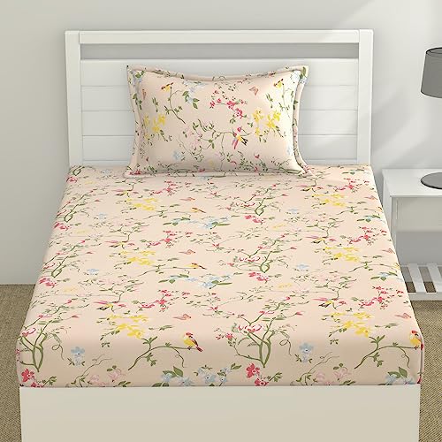 Haus & Kinder 186 TC 100% Cotton Kids Bedsheet with 1 Pillow Cover for Bed, Vibrant Floral Design - 88 x 57 Inches, Peach - Image 3