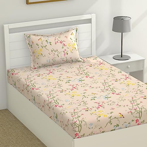 Haus & Kinder 186 TC 100% Cotton Kids Bedsheet with 1 Pillow Cover for Bed, Vibrant Floral Design - 88 x 57 Inches, Peach - Image 2