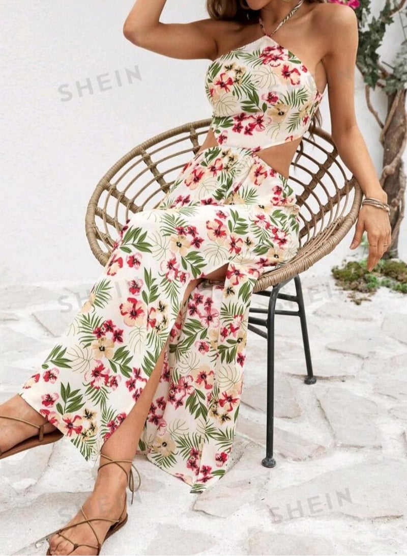 Shein SHEIN VCAY Floral Print Hollow Out Split Halter Neck Maxi Dress .  - Image 2