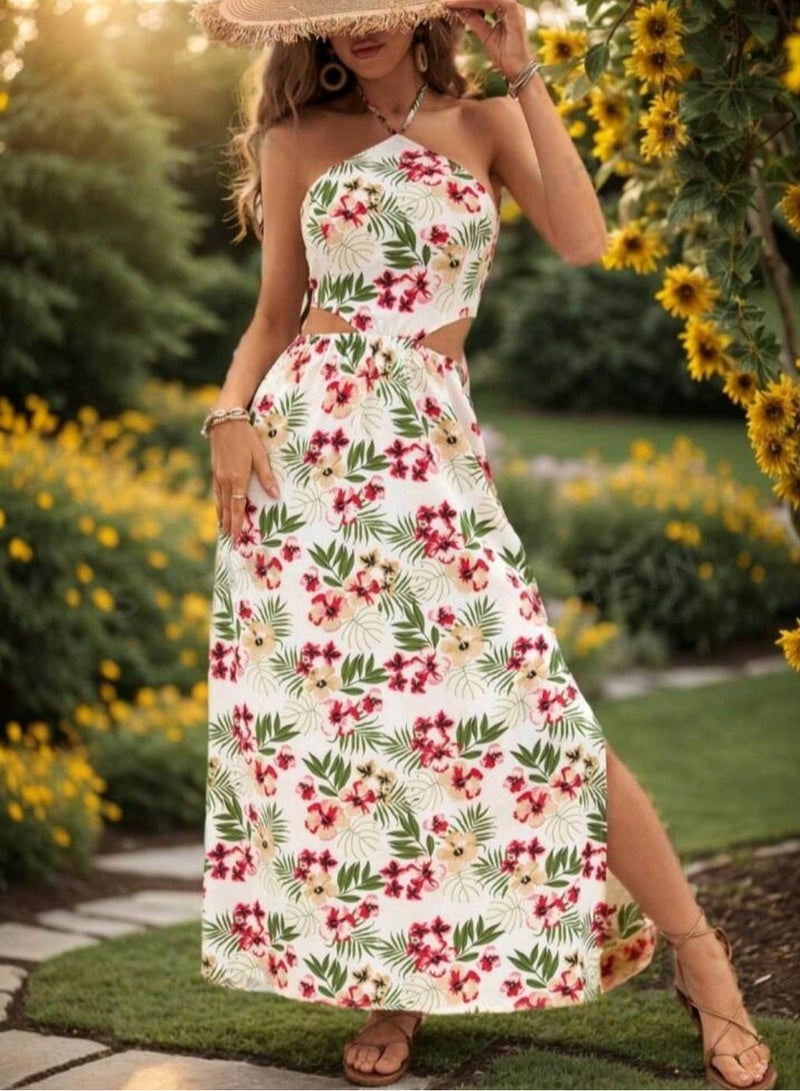 Shein SHEIN VCAY Floral Print Hollow Out Split Halter Neck Maxi Dress .  - Image 4