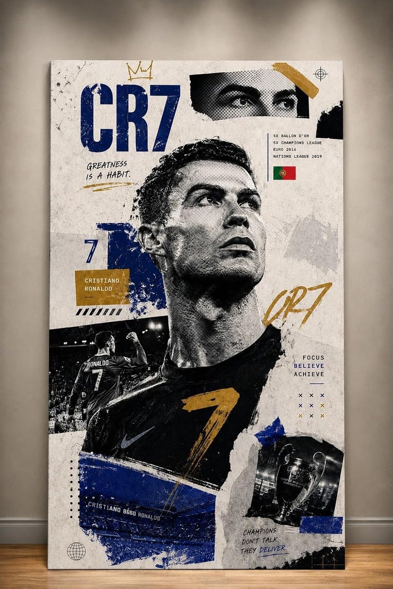 ARS Cristiano Ronaldo Canvas Wall Art, Modern CR7 Football Star Portrait with Champions League Typography, Dynamic Sports Print for Boys Bedroom, Sports Lounge Decor, Ready to Hang - Image 1