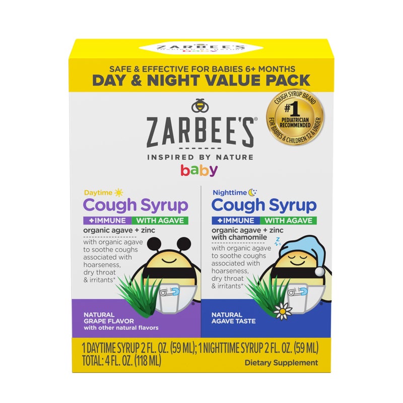 Zarbee's Zarbeeâ€™s Baby Day & Night Cough Medicine & Syrup Value Pack with Organic Agave + Zinc for Immune Support, Natural Grape Daytime & Chamomile Nighttime, Baby Cough Medicine, 2 x 2 fl oz - Image 1