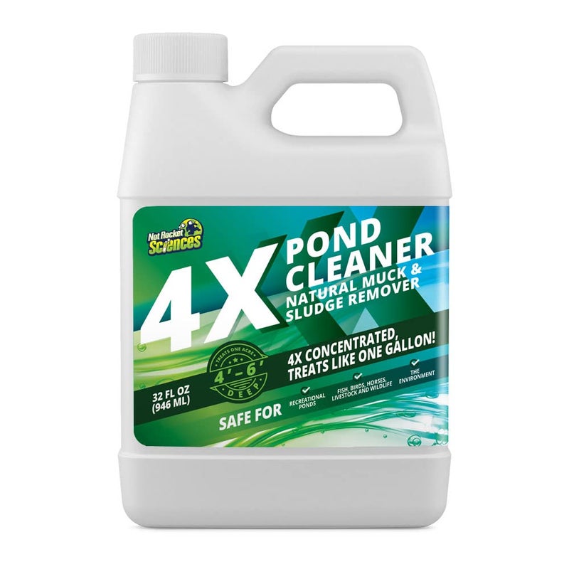 4X Pond Cleaner Reduces Muck Sludge for a Clean Natural Look Super Concentrated Lake and Water Feature Enzymes Treats Up to 1 Acre Pair with Dye Safe for Fish and Wildlife 32 oz